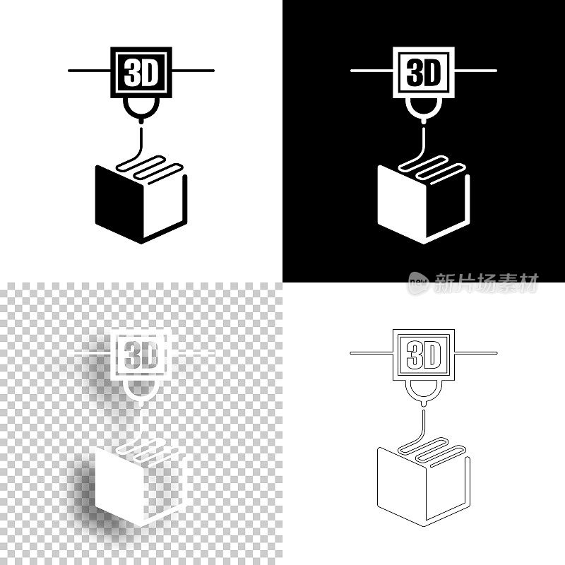 3 d打印机。图标设计。空白，白色和黑色背景-线图标